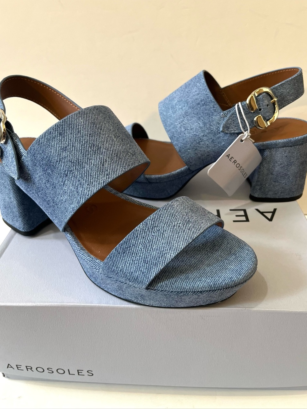 AEROSOLES CAMERA Retro  Blue Denim Platform Block Heel Sandals 9M